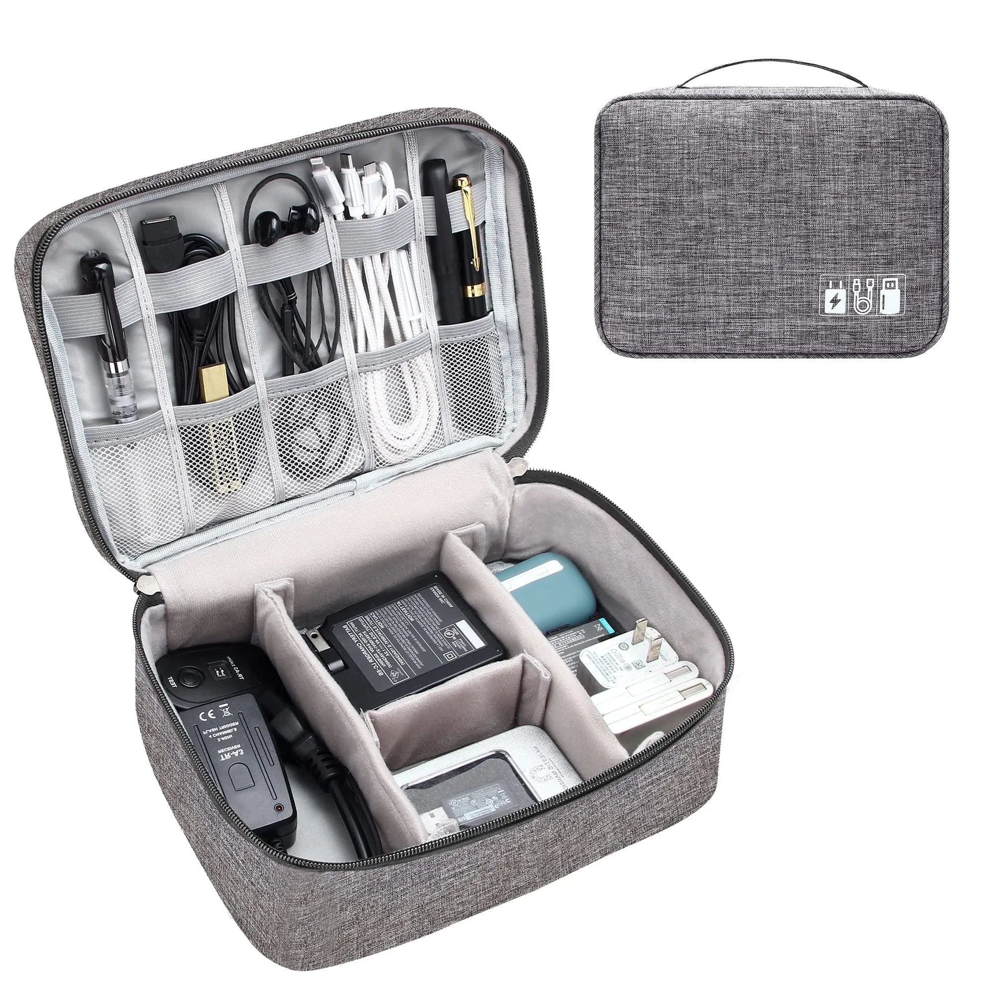 Black or grey waterproof travel cable organiser bag open to show mesh pockets and removable padded dividers.