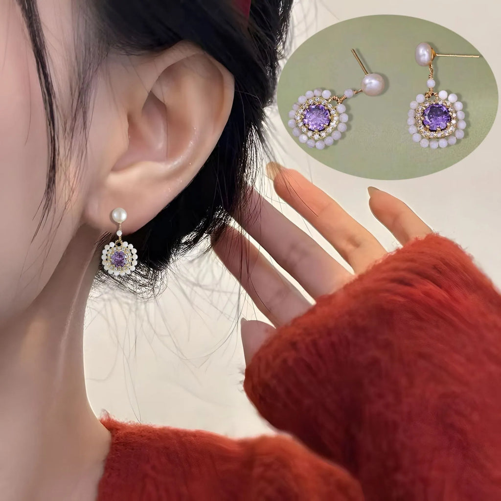 Natural freshwater pearl flower earrings with diamond treatment in purple and pink colour options for women