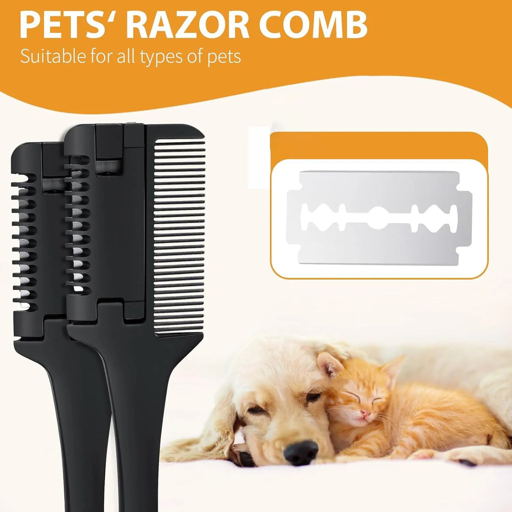 Razor comb for dogs and cats showing comb teeth and trimming blade, with pack of 10 spare blades.