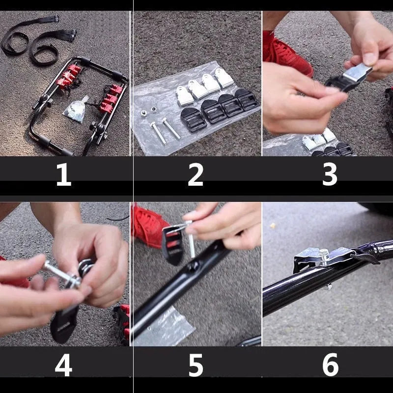 Black and red trunk-mounted car bike rack showing rope or pull belt attachment options.