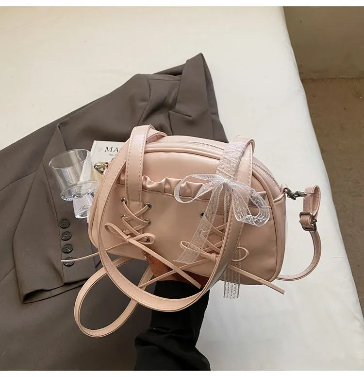 Casual ladies shoulder handbag with bandage bow detail and mobile phone pocket in PU leather