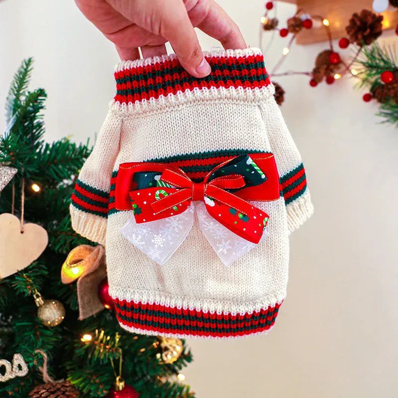 Red Christmas dog jumper on small pet with festive design and proper fitting