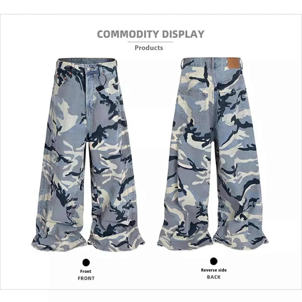Snow camouflage blue jeans with loose fit and micro-elastic stretch fabric