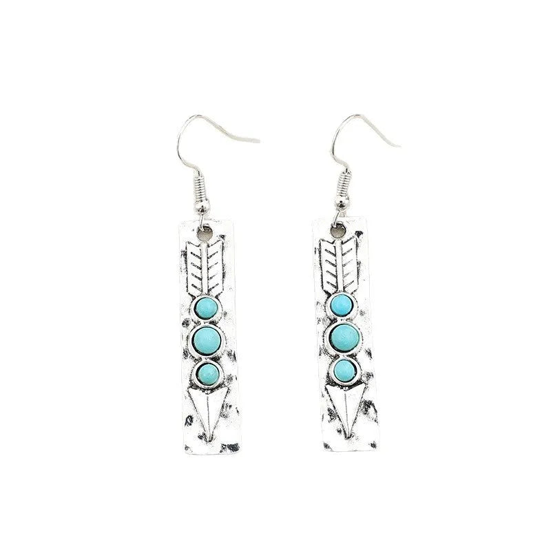 Women's silver geometric earrings with turquoise inlay detailing on long strip alloy design