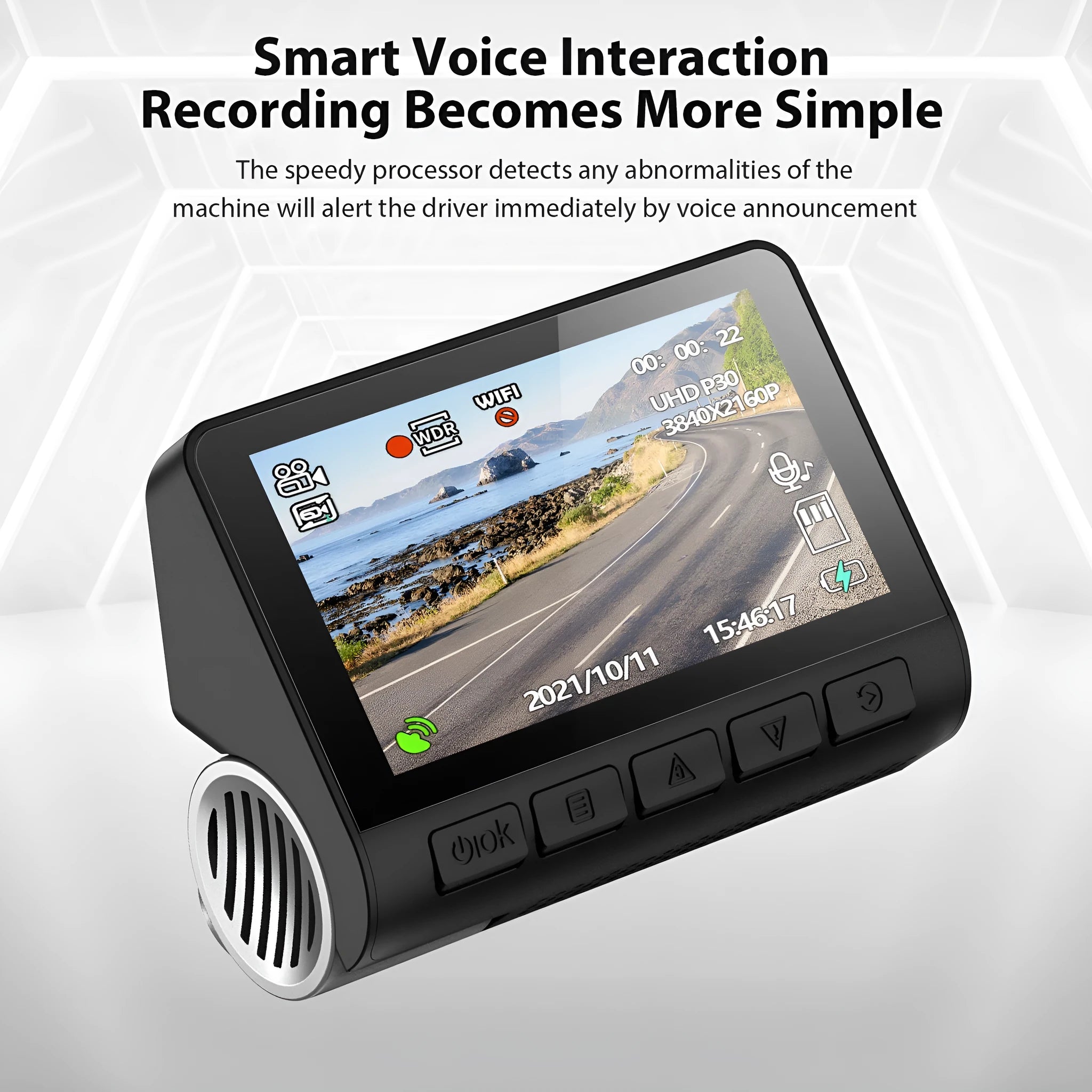 V55 4K UHD night vision car camera in black with lens, mounted on front windshield