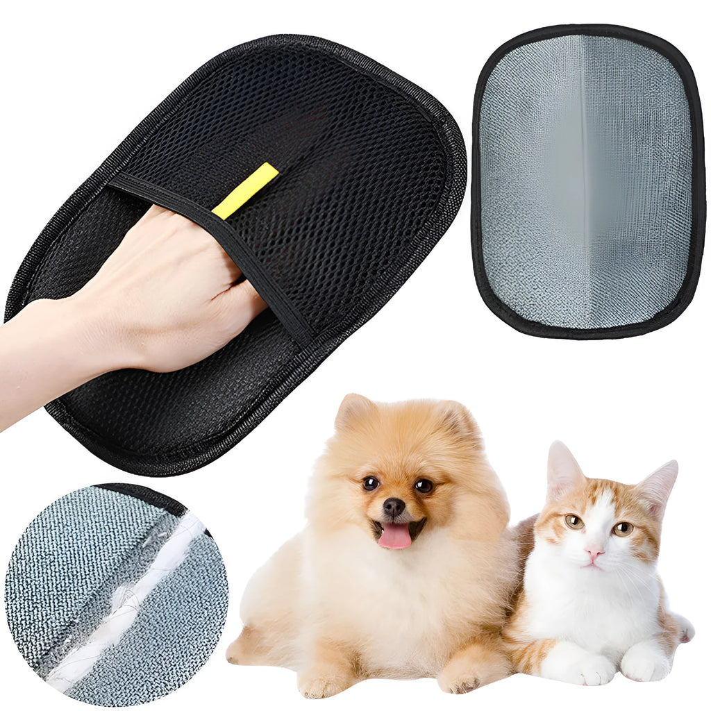 Black pet hair remover glove with silicone bristles for deshedding dogs and cats.