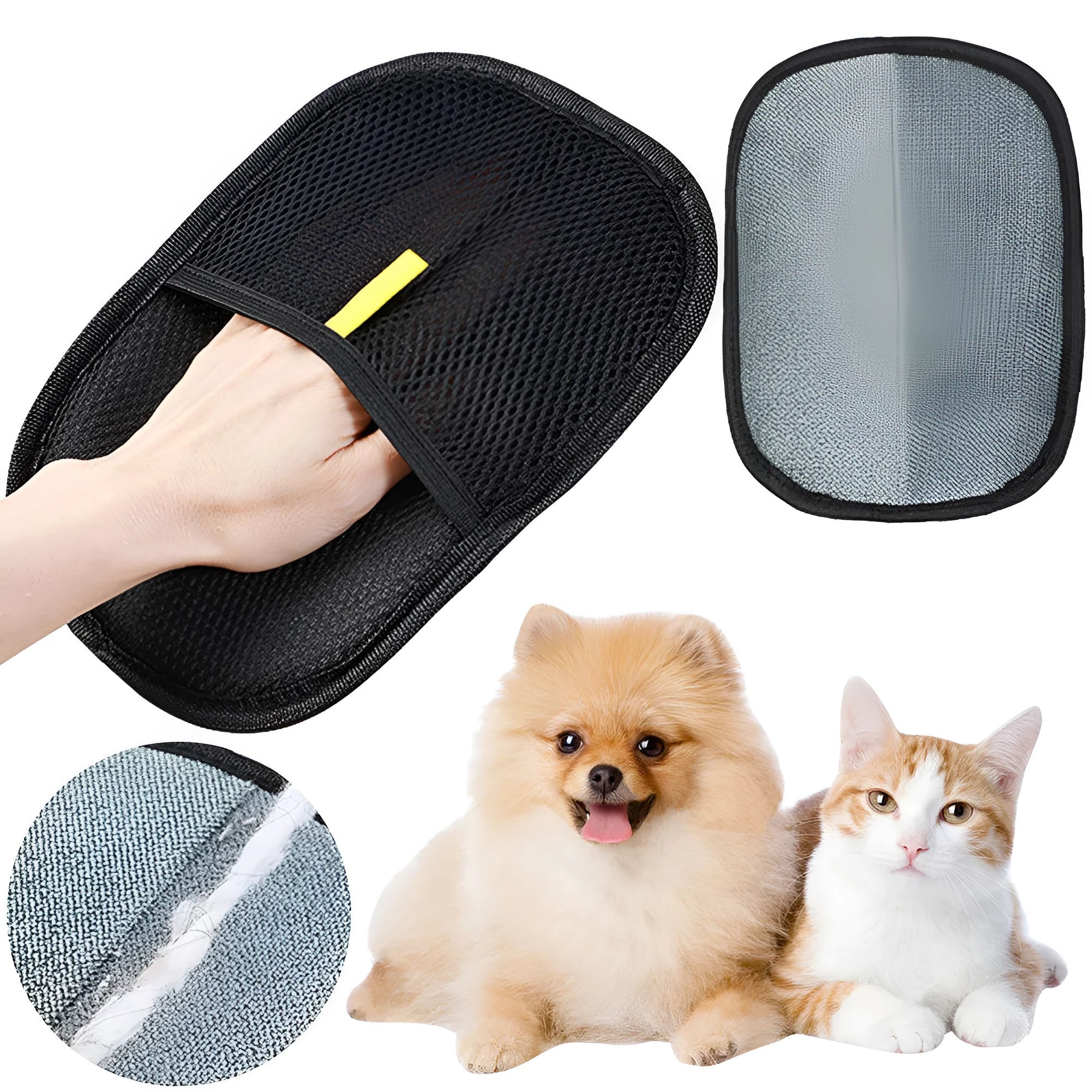 Black pet hair remover glove with silicone bristles for deshedding dogs and cats.