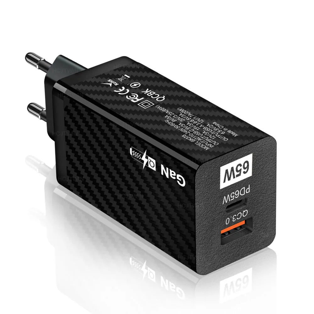 Gallium Nitride GaN 65W laptop charger in black with USB PD port and compact dimensions