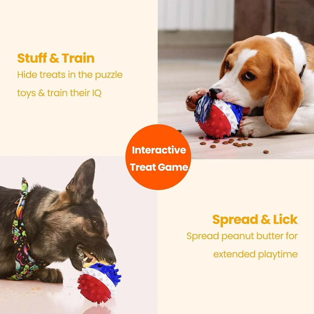 Blue and red TPR rubber dog ball chew toy with rope attachment and treat dispenser hole.