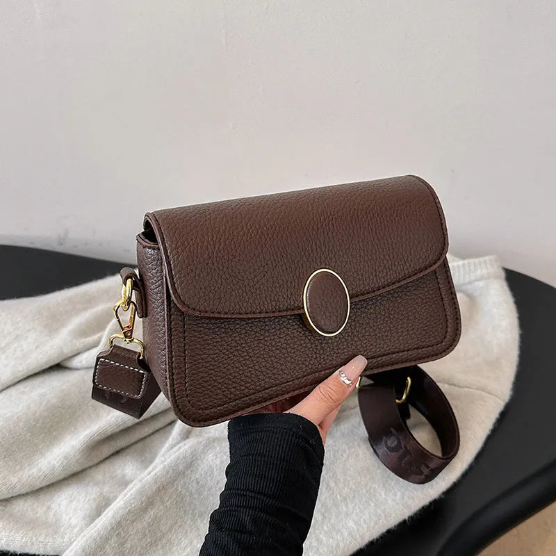 Fashion small square bag with wide shoulder strap in horizontal shape, PU material, khaki colour
