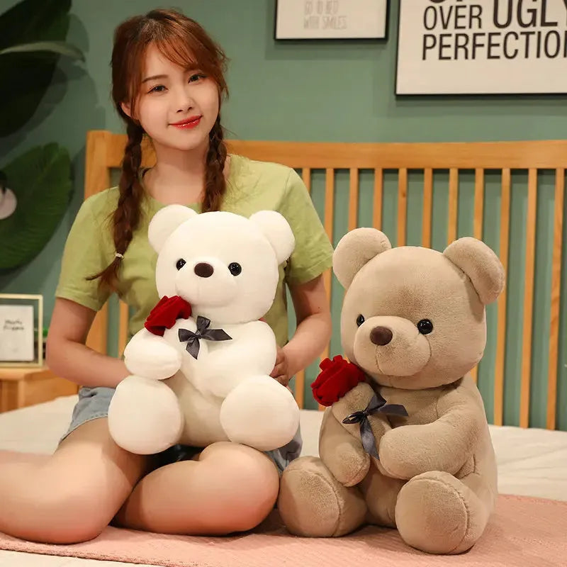 Rose bear teddy plush pillow doll in beige, brown or grey with PP cotton filling