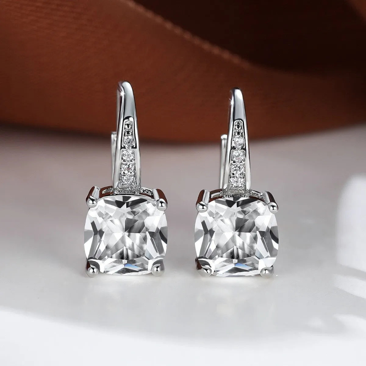 Square zircon geometric ear hook earrings in electroplated copper with Korean style design