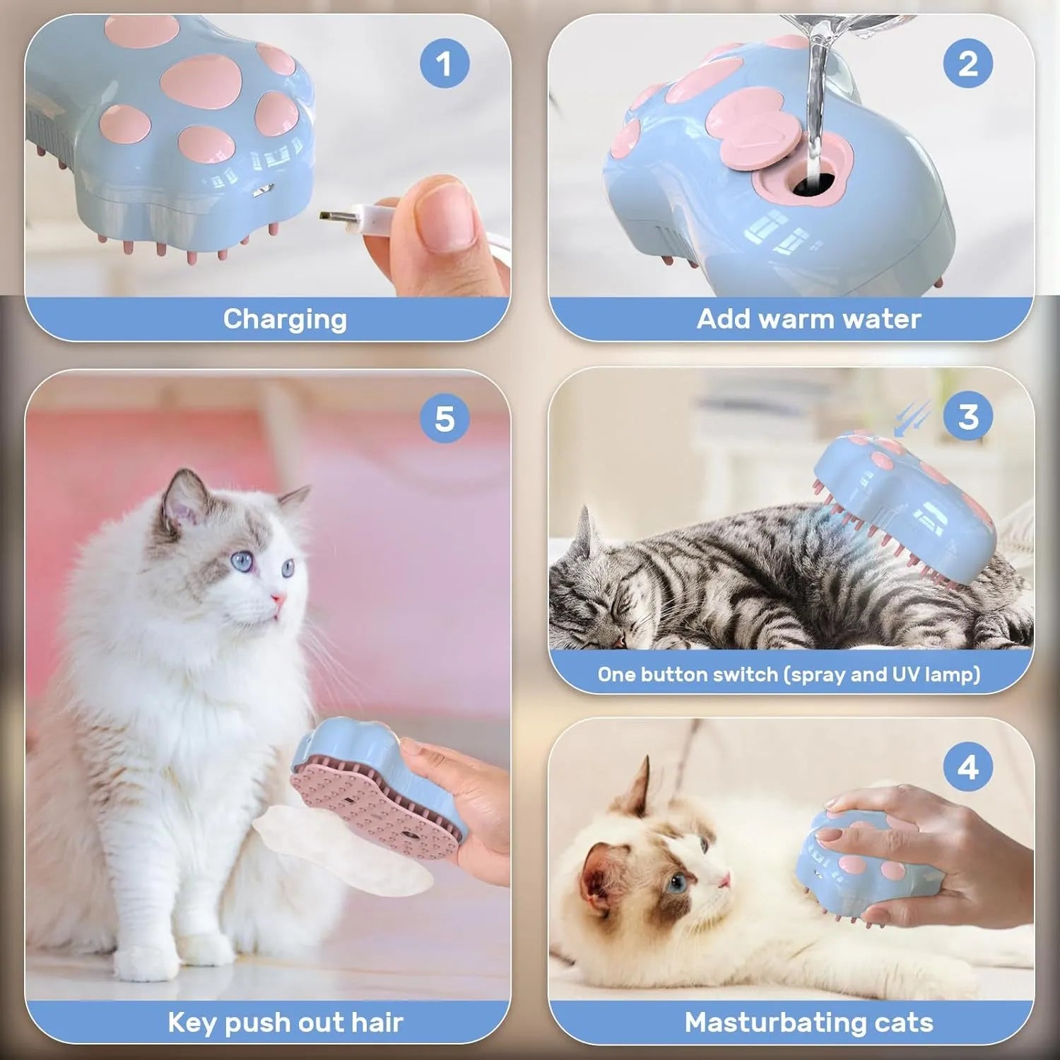 Blue self-cleaning cat steam brush with silicone massage head and water spray function.