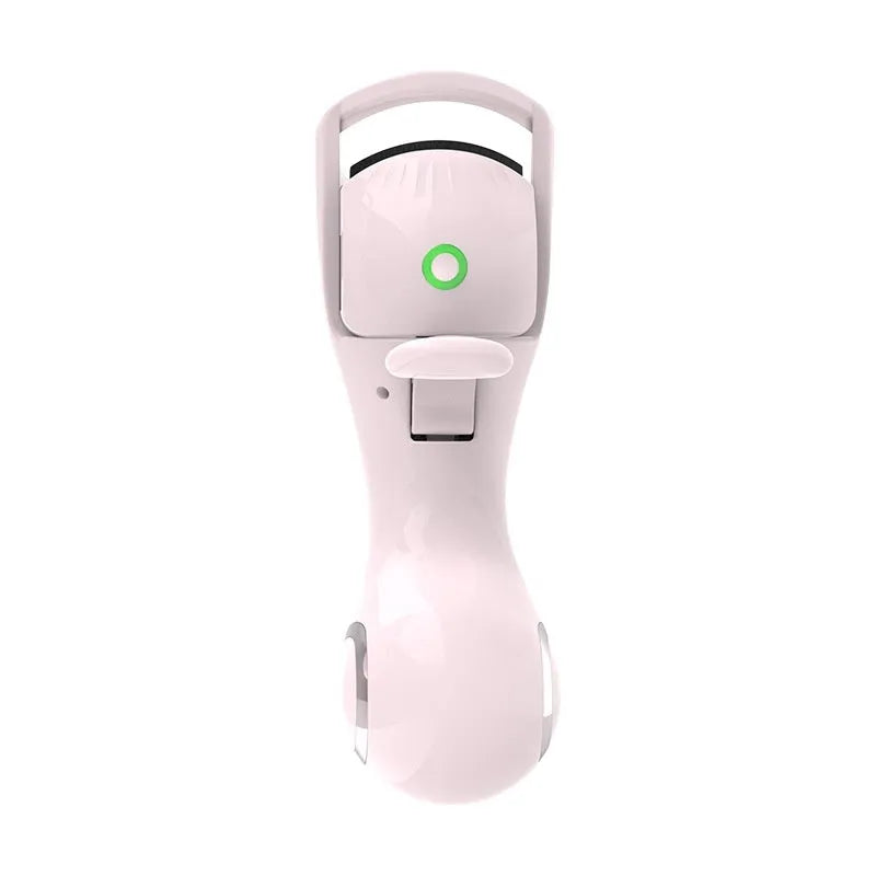 Electric eyelash curler with three-speed temperature control, plastic body and silicone pad, USB charging, available in pink or white