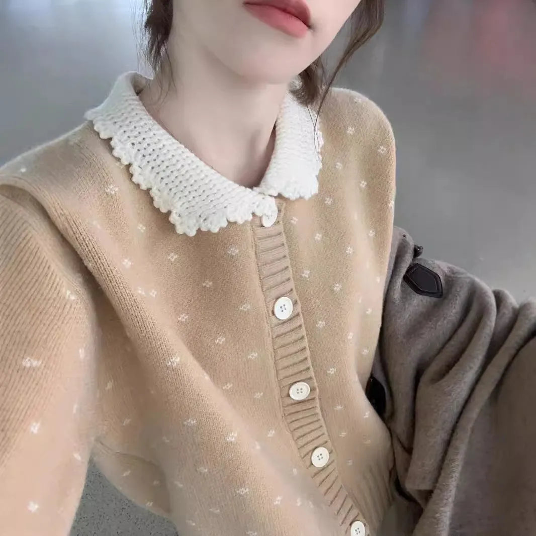 Peter Pan collar floral pattern cardigan coat in knitted polyester fabric