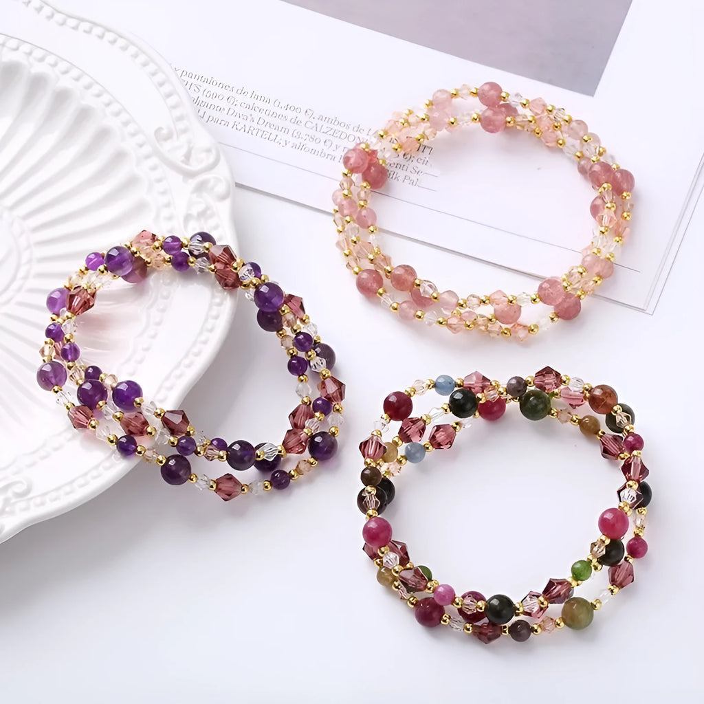 Handmade three-ring adjustable bracelet with colourful crystal stones on adjustable cord