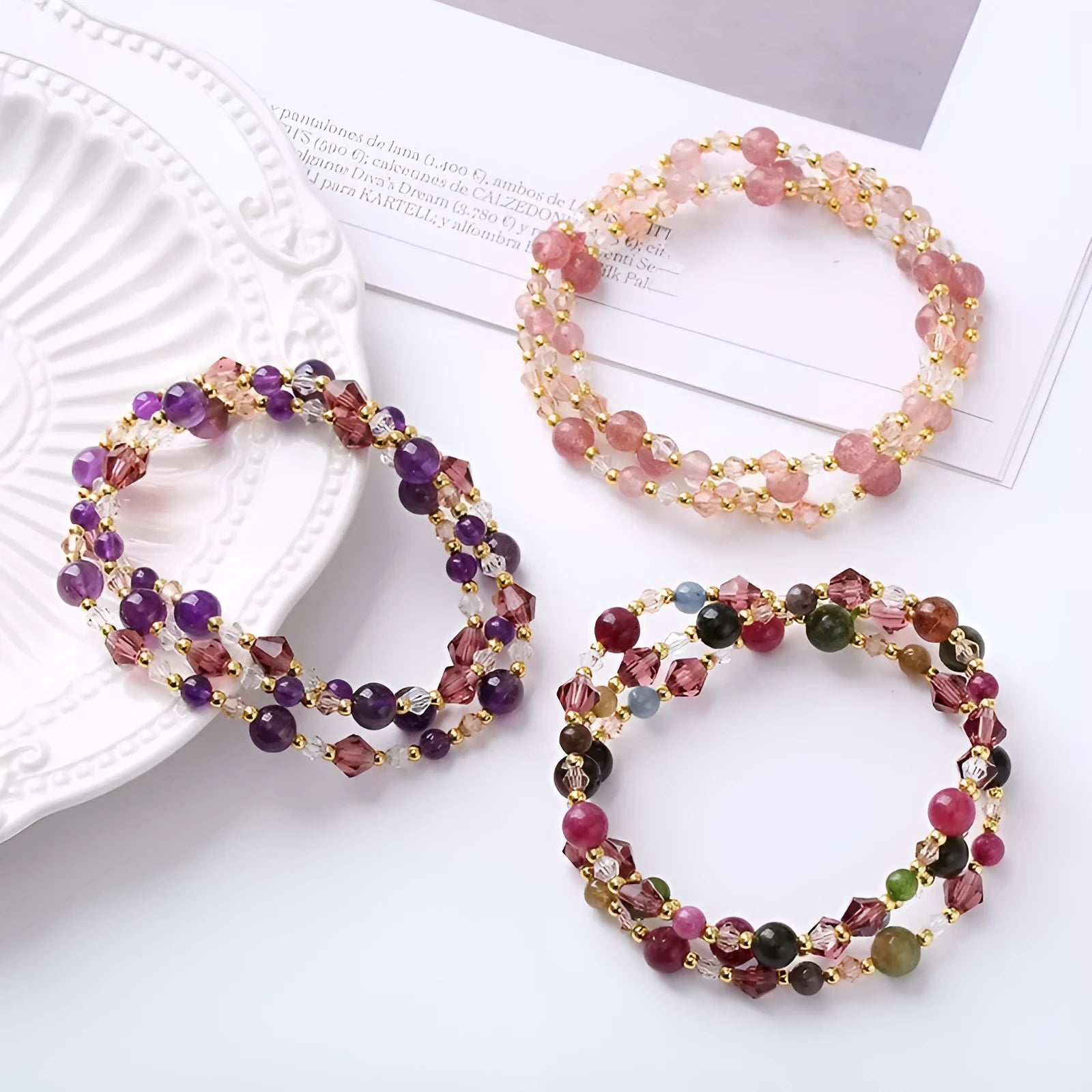 Handmade three-ring adjustable bracelet with colourful crystal stones on adjustable cord
