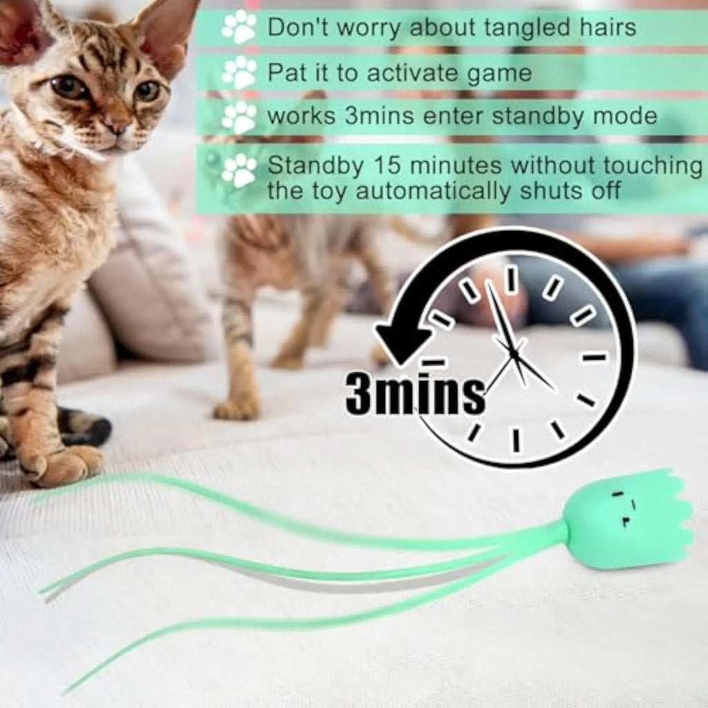 Green electronic cat wand toy with swinging silicone tails for automatic interactive pet play