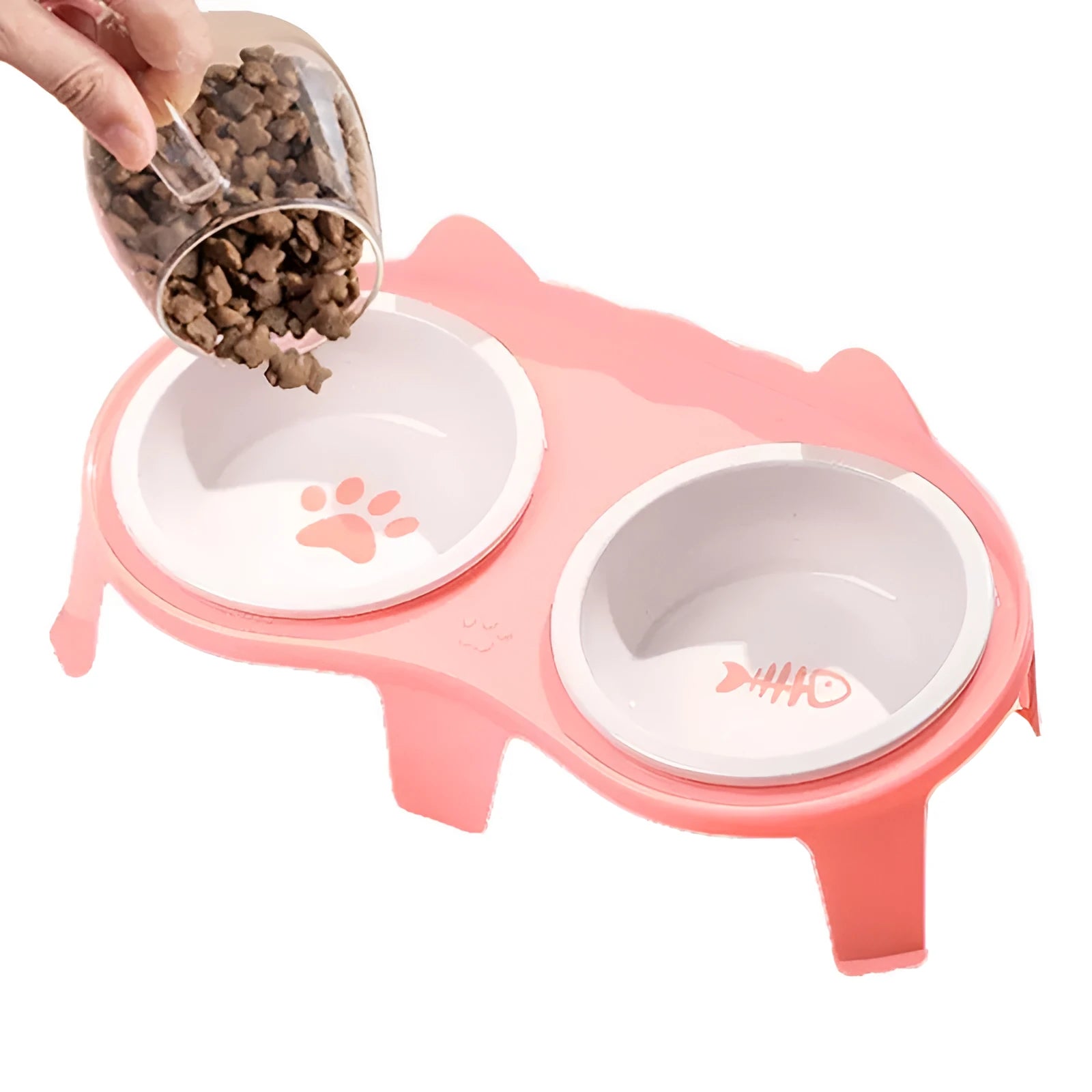 Ceramic cat food and water bowl set on tilted elevated stand in blue, pink, white or yellow colours