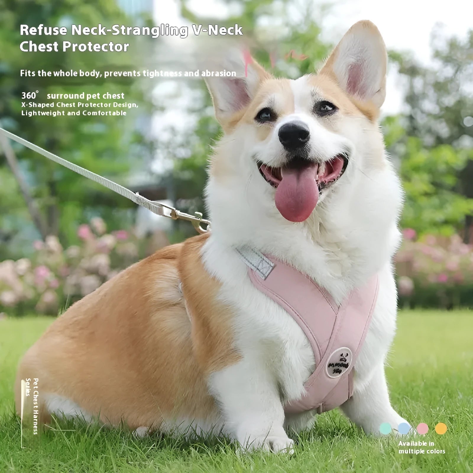 Blue adjustable dog harness vest connected to a hand-holding leash rope on a white background.