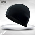 Black polyester cloth swim cap for adults on a solid background.
