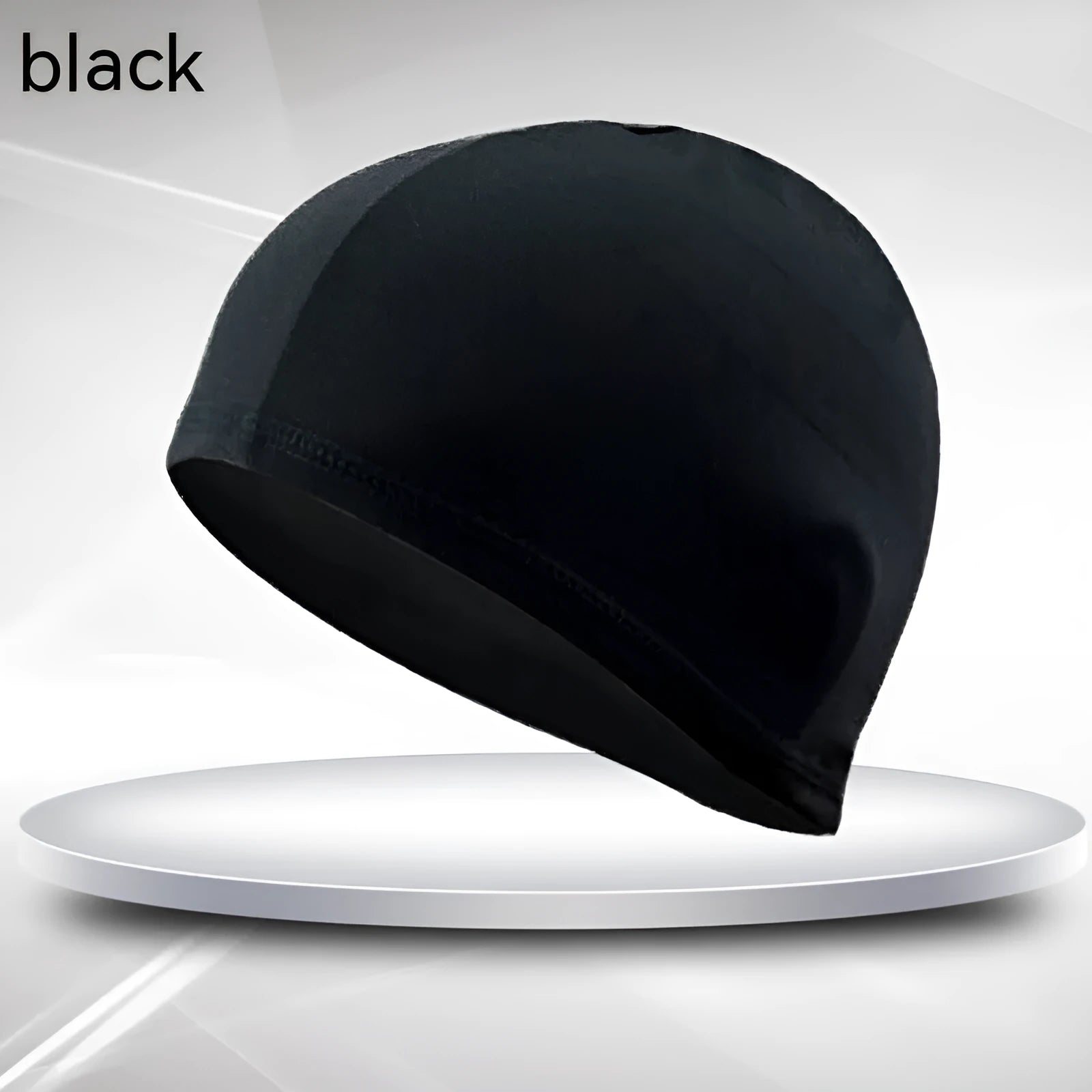 Black polyester cloth swim cap for adults on a solid background.