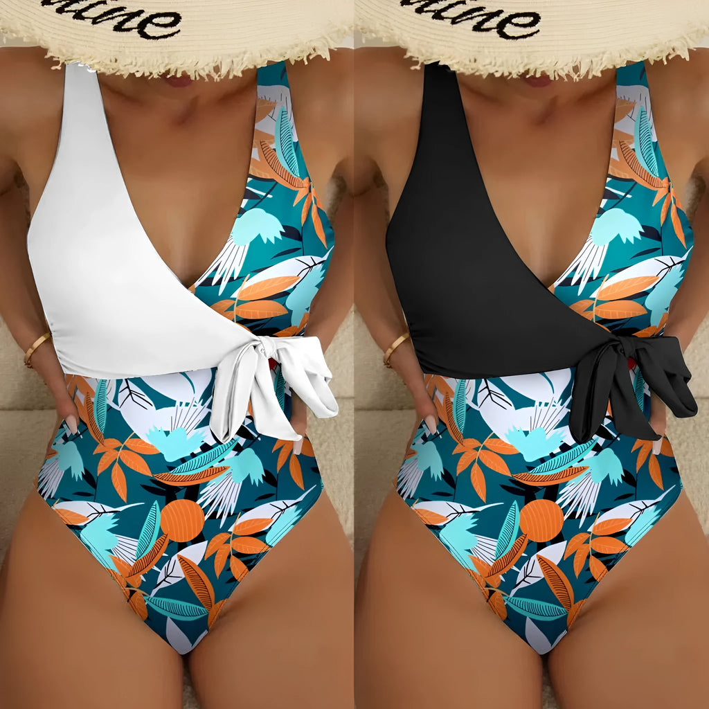 Women's high waist one-piece bikini swimsuit in printed black or white pattern