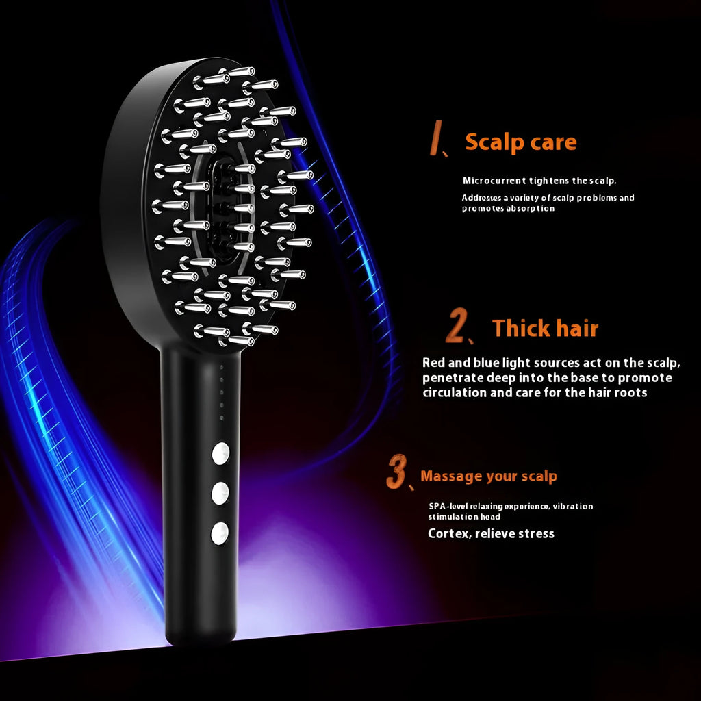 Black handheld electric scalp massage device with a charging cable on a white background.