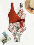 Women's one-piece swimsuit with multicolor tropical plants print, polyester, sizes S-XL
