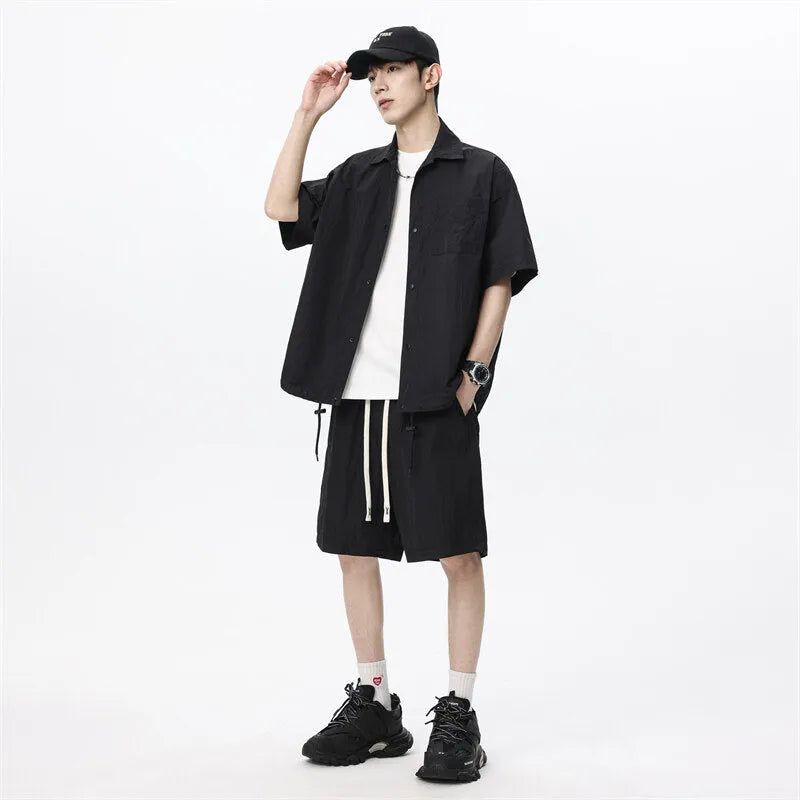 Men's loose casual shirt and shorts two-piece set in khaki, with nylon fabric, front view