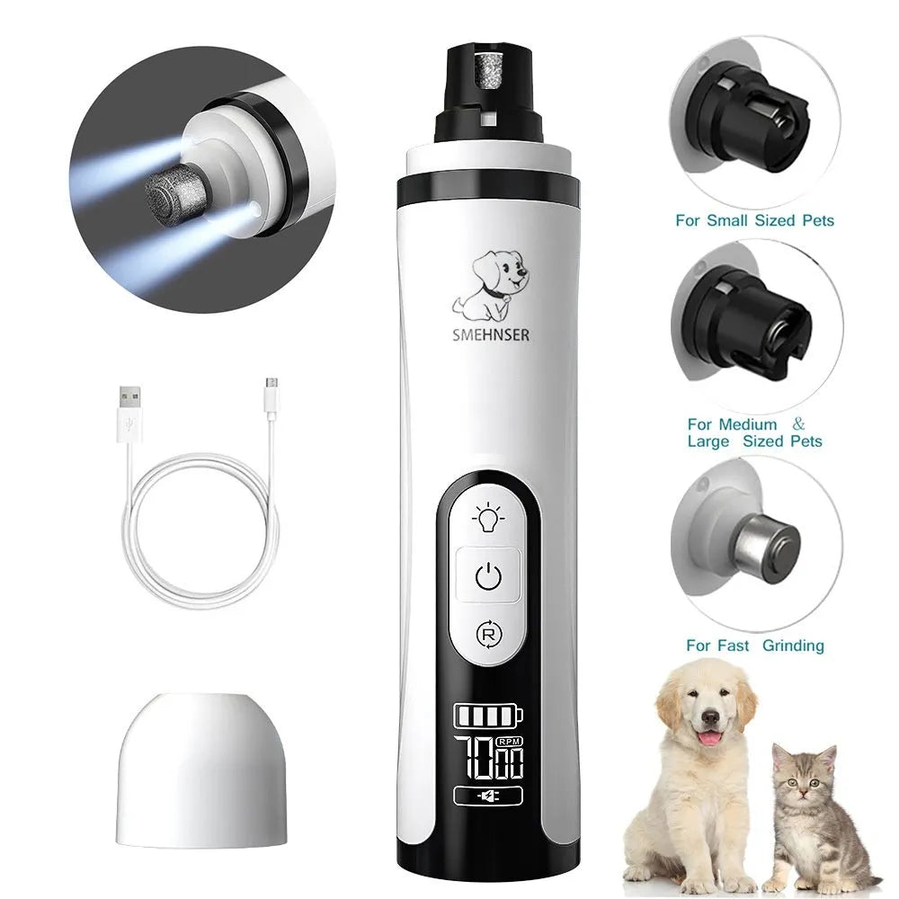 White and grey electric pet nail trimmer with LED display and dust collection port