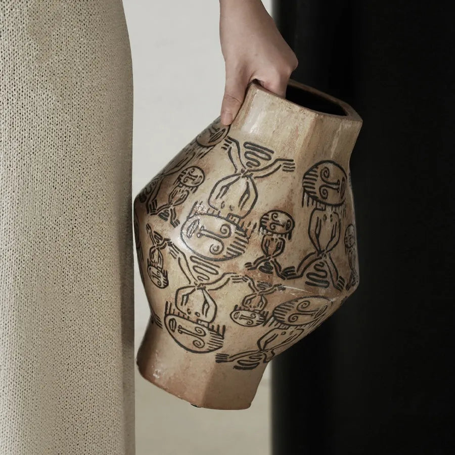 Hand-painted ceramic cylindrical table vase with carved vintage art and religious patterns