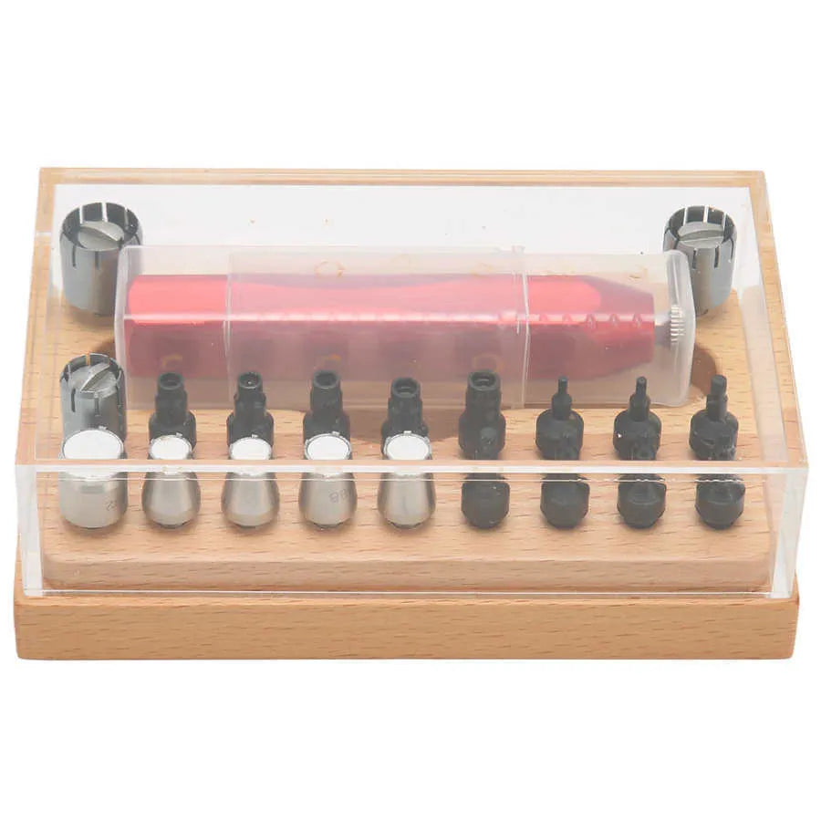 Set of 20 steel watch repair extracting tubes in a storage case for barrel opening and movement repairs