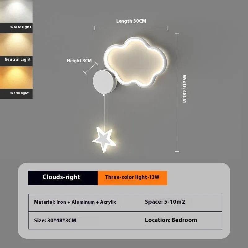 Children's cloud and star themed LED bedside wall lamp in black or white.