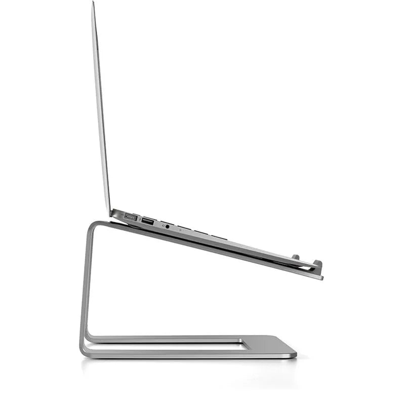 Black aluminium alloy laptop stand with 29.9 cm width on desktop