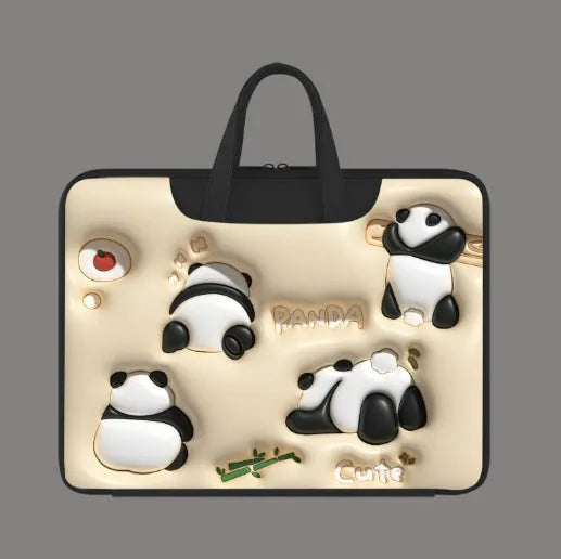 Inflatable PU leather laptop bag in a character design, shown hanging from a suitcase handle.