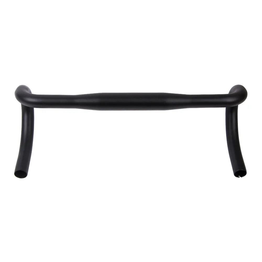 Black UNO aluminium alloy road bike racing handlebar with a bent shape and printed markings.