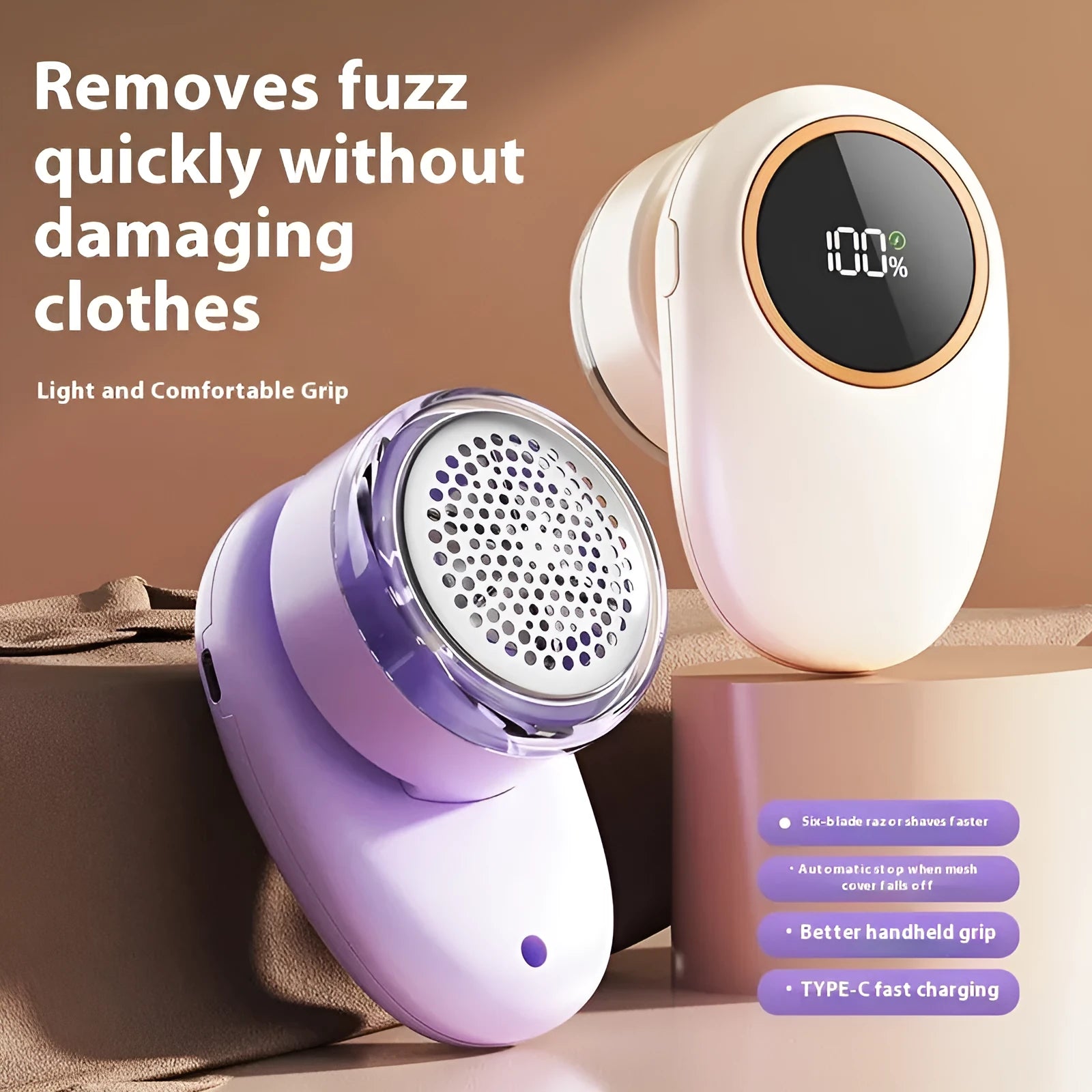 Beige and purple digital display USB rechargeable fur ball trimmer with multiple cutter head options.