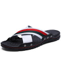 Men's black cowhide leather beach sandals with a non-slip textured PU sole.