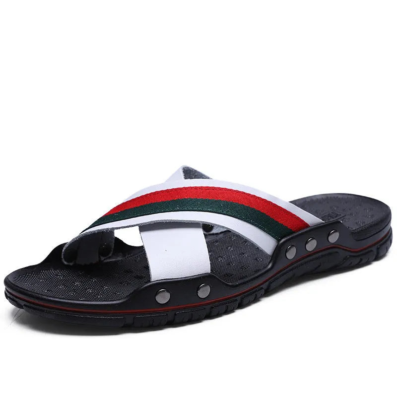Men's black cowhide leather beach sandals with a non-slip textured PU sole.
