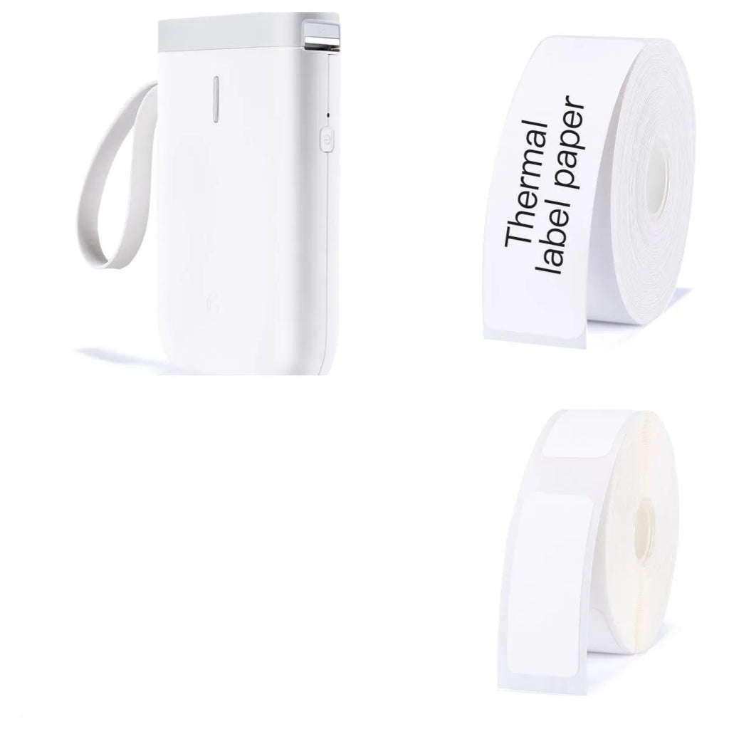 Compact D11 Bluetooth thermal label printer in black, white, pink, or green with smartphone showing label design app.
