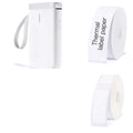 Compact D11 Bluetooth thermal label printer in black, white, pink, or green with smartphone showing label design app.