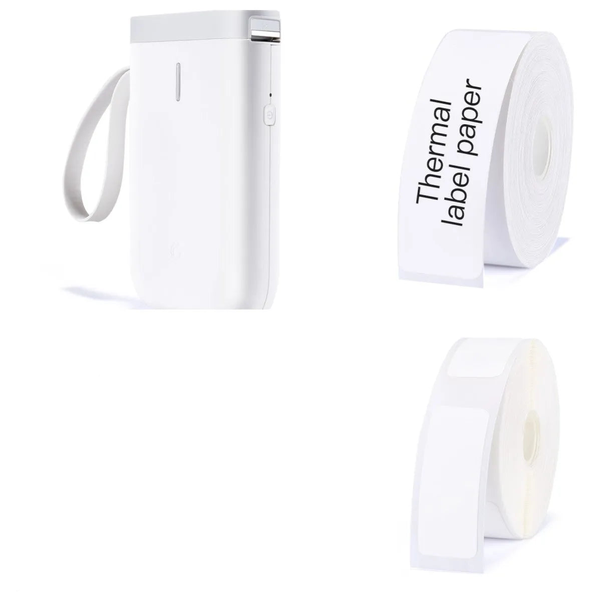 Compact D11 Bluetooth thermal label printer in black, white, pink, or green with smartphone showing label design app.
