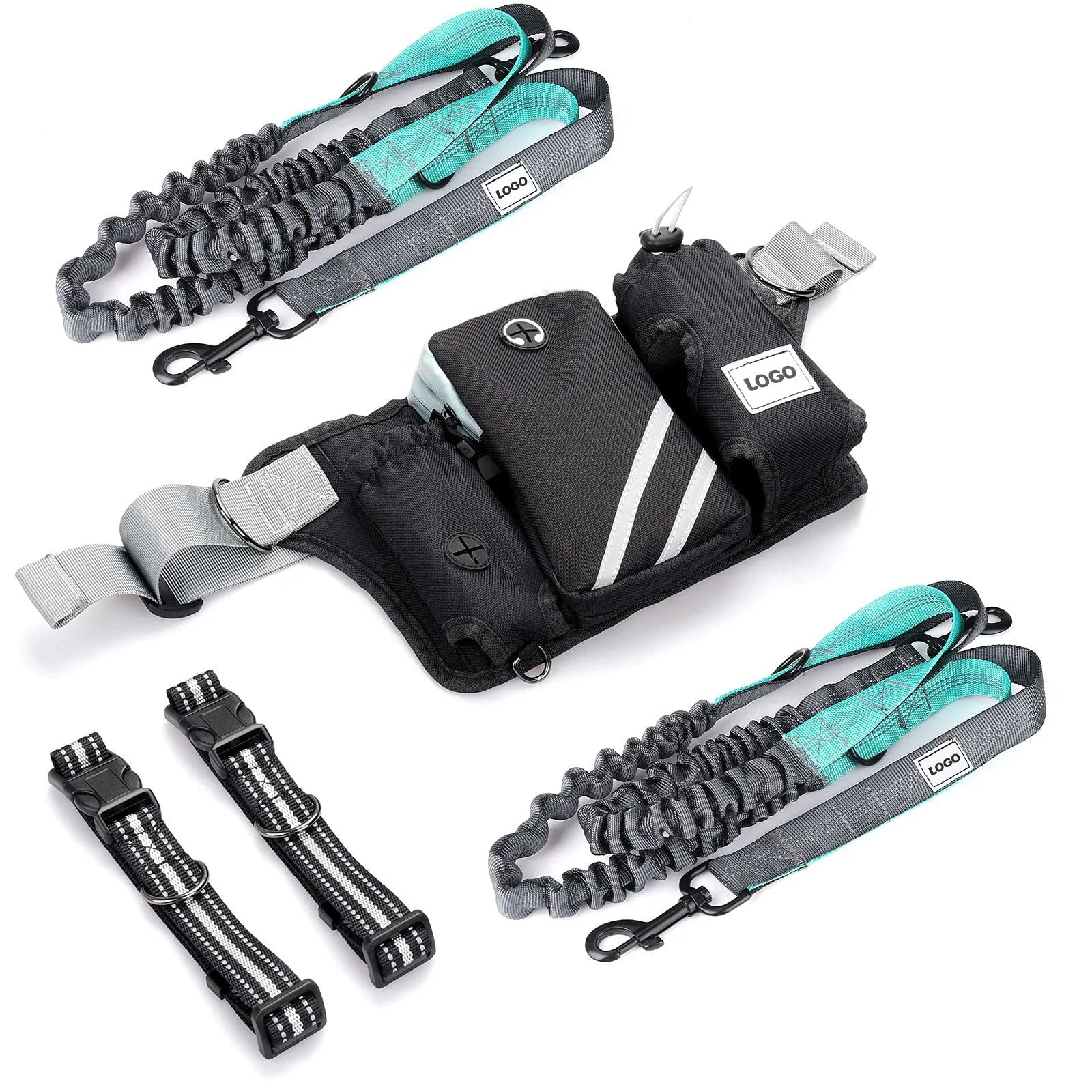 Black nylon outdoor pet training waist bag set with dog leash and collar for hands-free walking