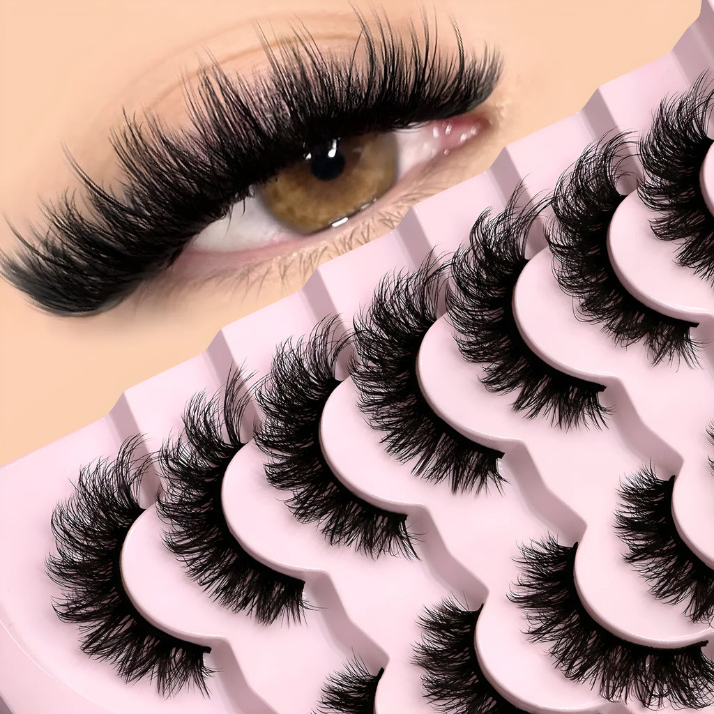 Box of artificial fibre false eyelashes in six styles with a tube of adhesive glue.