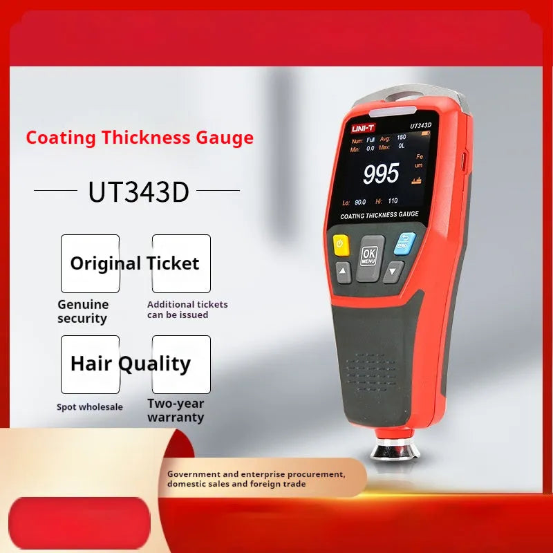 Coating thickness gauge with digital display showing measurement value on a surface