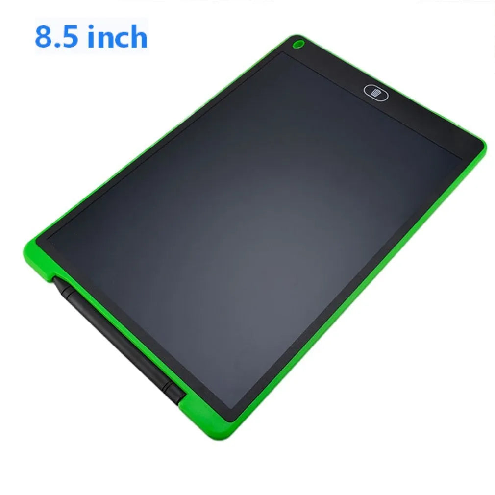 LCD electronic handwriting board for children in blue, with stylus pen, showing drawn shapes on screen.