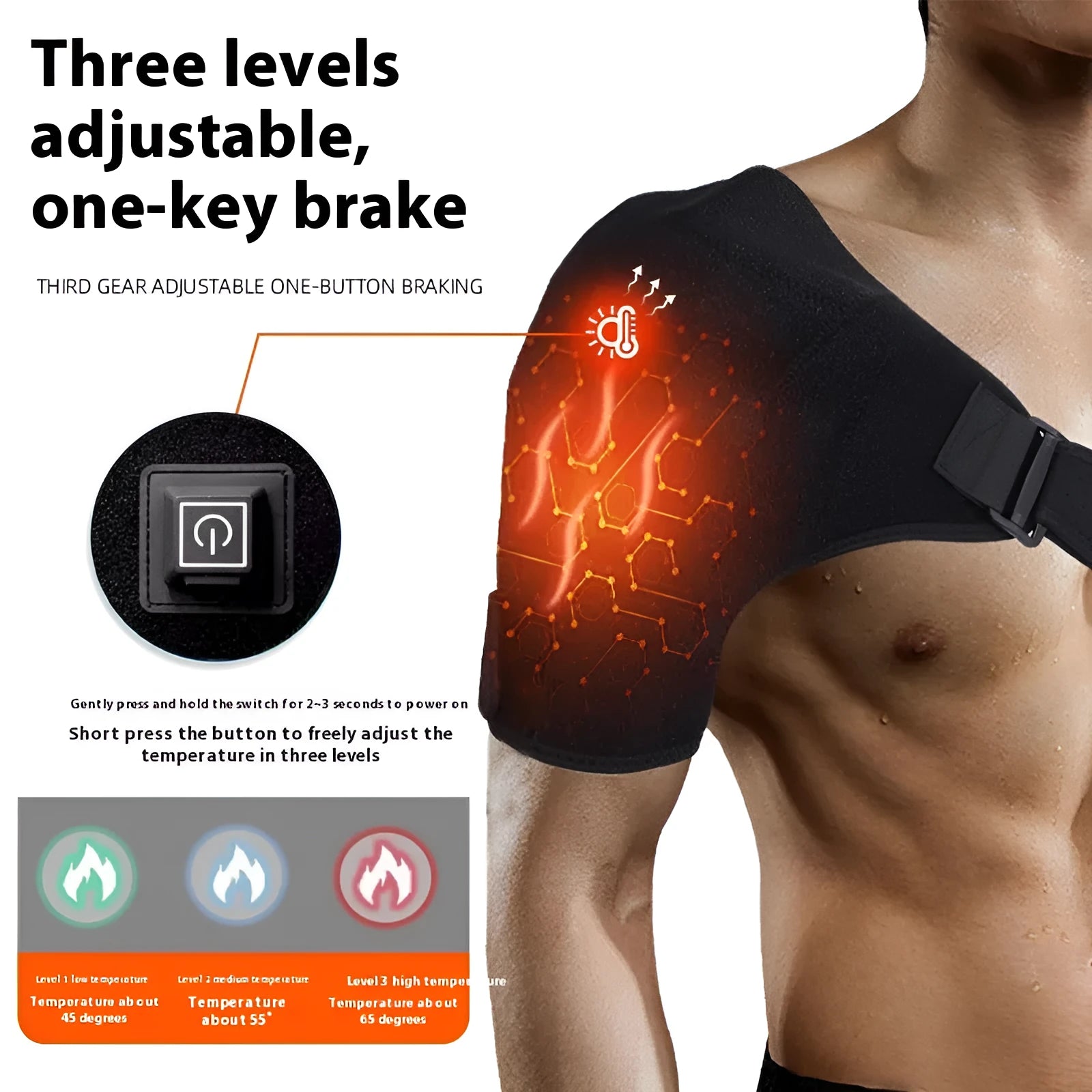 USB electric heating shoulder pad draped over a chair, showing its fabric construction and USB cable.