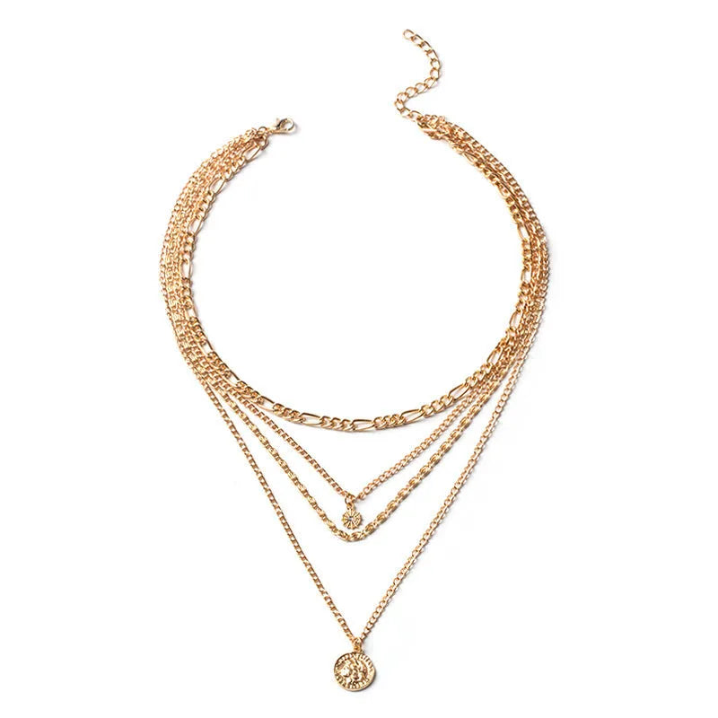 Chunky layered coin necklace gold finish water wave chain for women 41-50cm