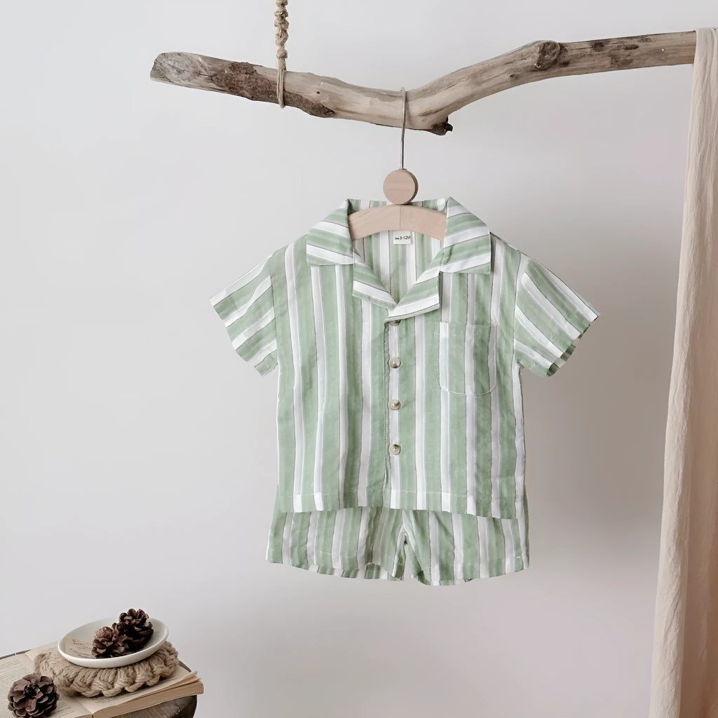 Children's striped cool breathable short-sleeved sports shorts set in olive colour for summer